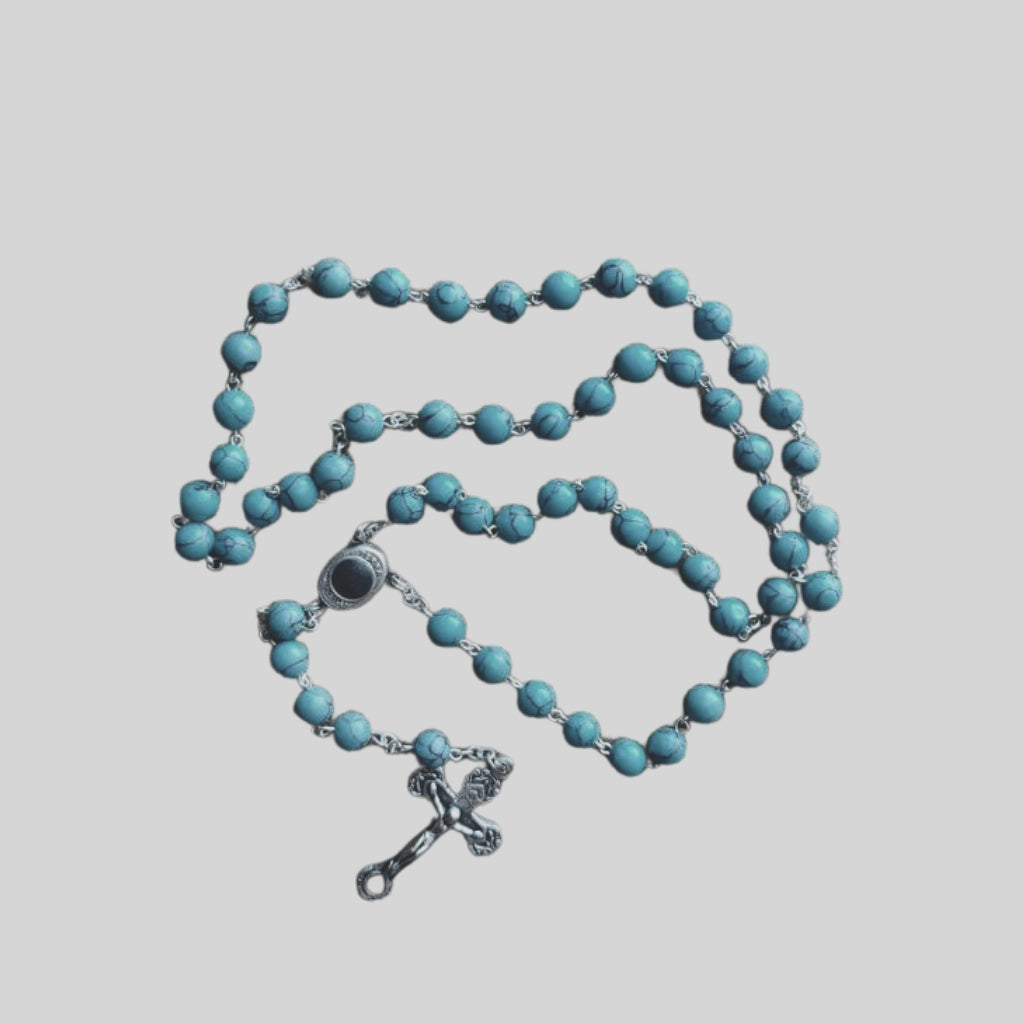 Rosario de Piedra Turquesa con Cruz Italiana y Tierra de Tierra Santa