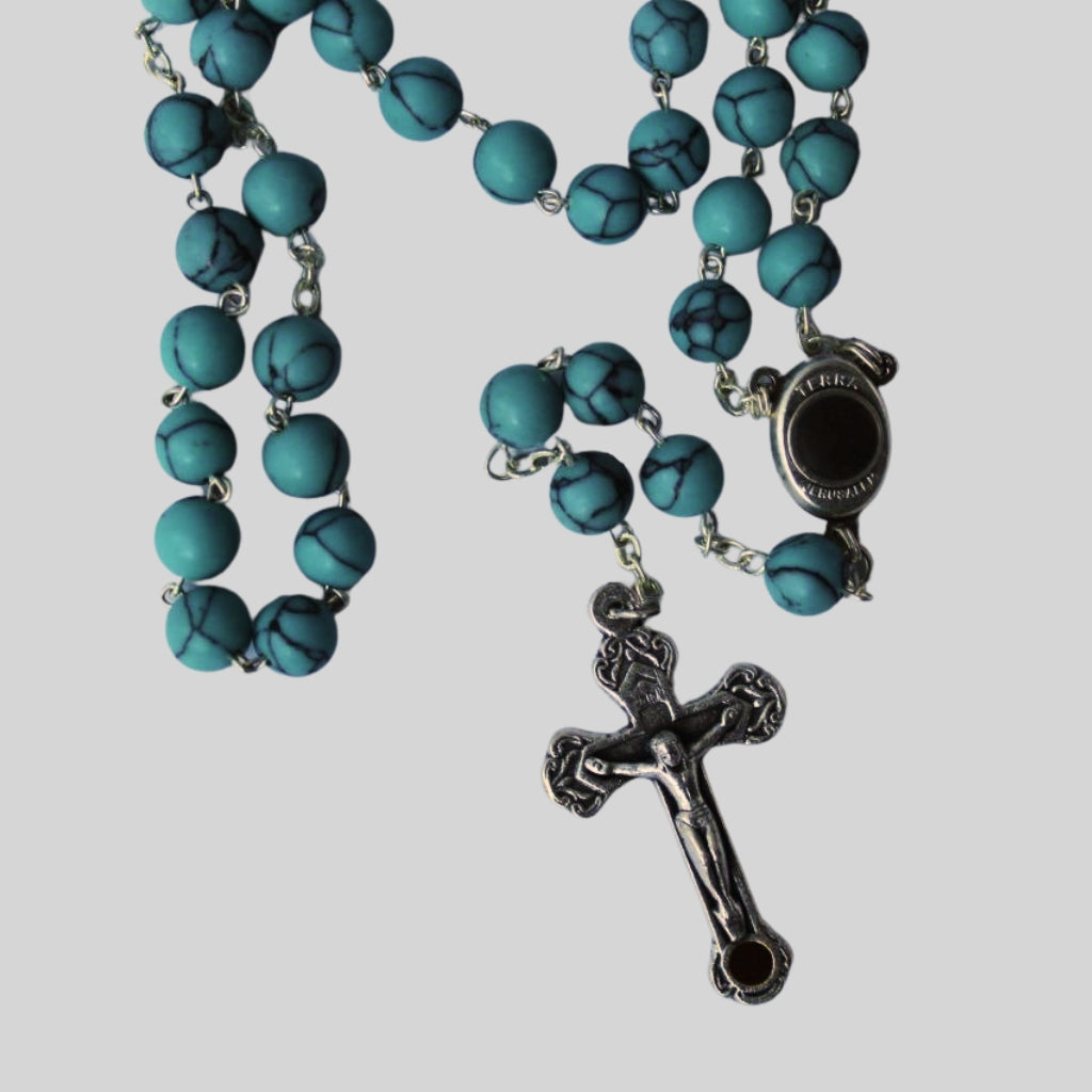 Rosario de Piedra Turquesa con Cruz Italiana y Tierra de Tierra Santa